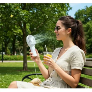 Person using an O2 Cool fan to stay cool outdoors on a sunny day.