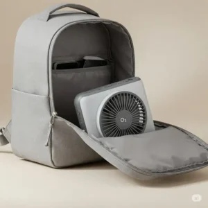 O2 Cool fan shown fitting easily into a bag, emphasizing its portable design.