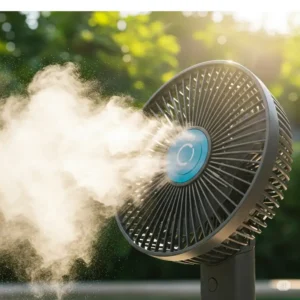 O2 Cool misting fan spraying a fine mist for extra cooling relief.