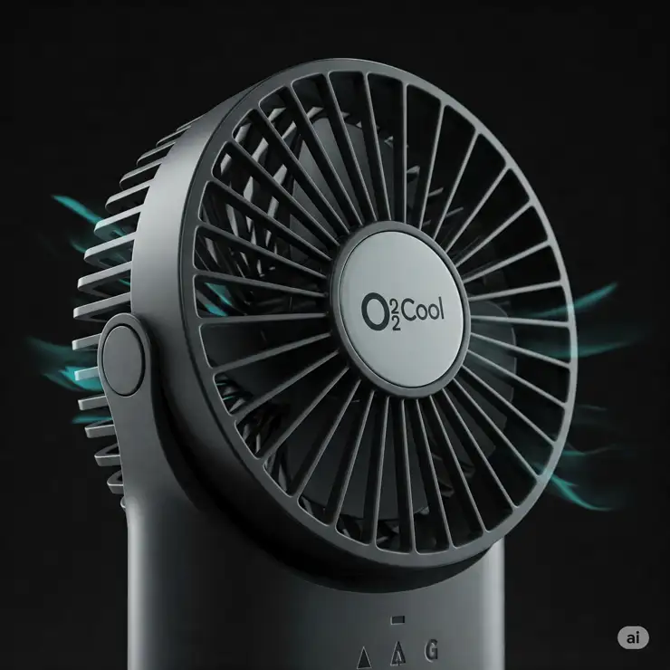 Close-up of an O2 Cool portable fan, highlighting its compact design and cooling power.