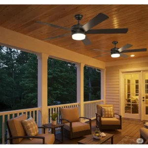 Durable outdoor ceiling fan enhancing comfort on a covered porch.