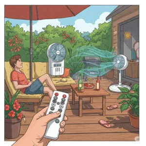 Illustration highlighting the remote control functionality of an outdoor cooler fan.