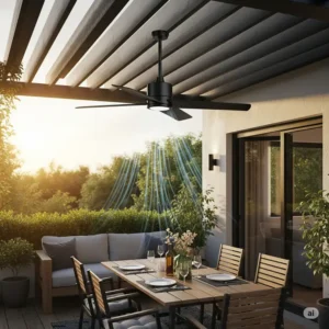 Stylish outdoor waterproof fan providing a comfortable breeze in an al fresco dining area, enhancing the outdoor experience.