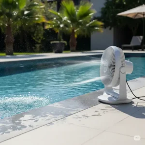 Sleek outdoor waterproof fan positioned by a swimming pool, ideal for cooling down during hot summer days.