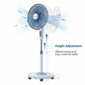 Graphic showing a pedestal fan with its adjustable height feature, making it versatile for different seating levels and easy to move.