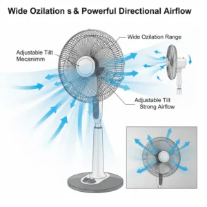 Diagram illustrating the wide oscillation and powerful directional airflow of a pedestal fan, ideal for cooling a large room.