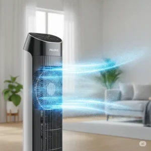 Visual representation of the powerful airflow and efficient cooling technology used in a Pelonis tower fan, circulating fresh air throughout a room.