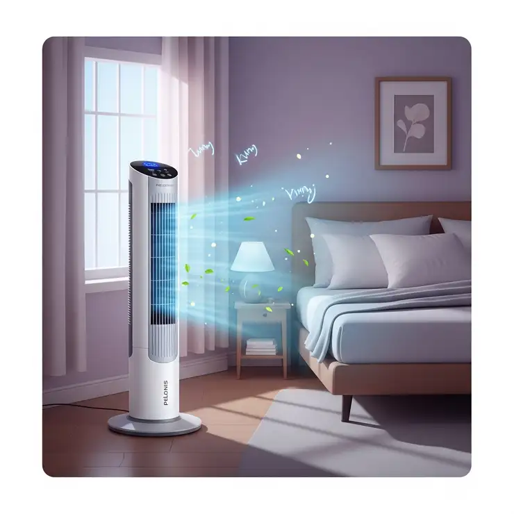 Illustration of a quiet Pelonis tower fan operating in a bedroom, providing a comfortable sleeping environment with its gentle breeze.