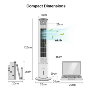 Diagram illustrating the compact dimensions of a Pelonis tower fan, ideal for fitting into various spaces like bedrooms or offices.