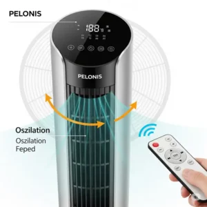 Close-up illustration highlighting the key features of a Pelonis tower fan, including its oscillation, remote control, and digital display for easy operation.