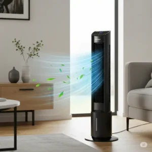 A sleek Pelonis tower fan providing cool air in a modern living room, enhancing comfort during warm weather.