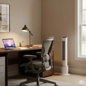 A Pelonis tower fan strategically placed in a home office, ensuring a cool and productive workspace during long hours.