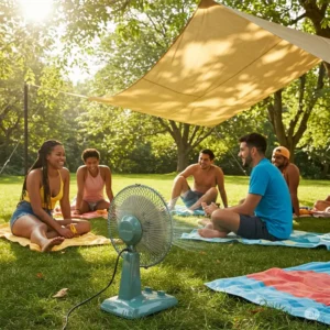 People enjoying the cool breeze from an outdoor cooling fan.