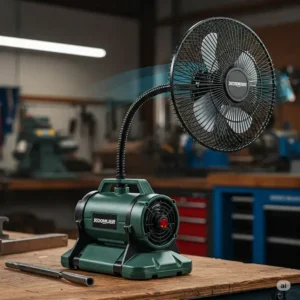 Portable cooling shop fan for flexible air movement in different areas.