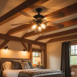 A stylish rustic ceiling fan enhancing the cozy ambiance of a bedroom with wooden beams and warm lighting.