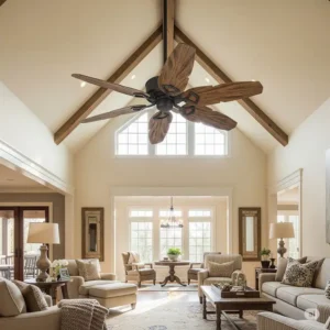  Large rustic ceiling fan providing airflow and a decorative focal point in a spacious living room with vaulted ceilings.