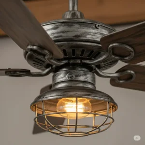 Detail of a rustic ceiling fan's decorative motor housing and integrated light kit, showcasing the distressed metal finish.