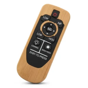 User-friendly remote control for a rustic ceiling fan, allowing easy adjustment of speed and light settings.
