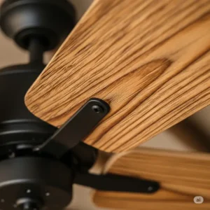 Textured close-up of rustic ceiling fan blades with a natural wood grain, emphasizing their authentic appeal.