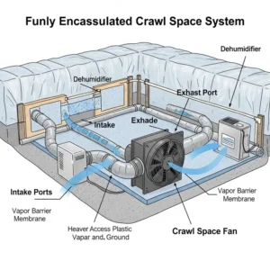 An illustration of a crawl space fan as part of a complete sealed crawl space encapsulation system.