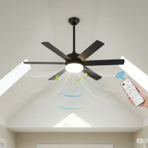 Modern smart vaulted ceiling fan with convenient remote control for easy adjustment of speed and lighting.