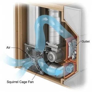An illustration of a squirrel cage fan integrated into a residential HVAC system, highlighting its role in air circulation.
