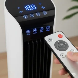 Close-up of a tower fan's digital display and remote control, highlighting its modern features and user-friendly interface.