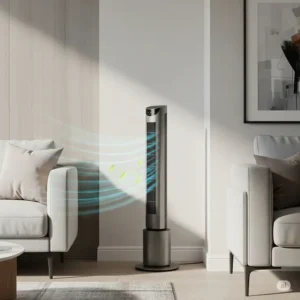 Illustration showcasing the slender, modern design of a tower fan, emphasizing its small footprint in a contemporary living space.
