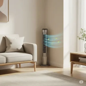 Image depicting a tower fan seamlessly integrated into a compact corner, demonstrating its superior space-saving benefits compared to bulkier fans.