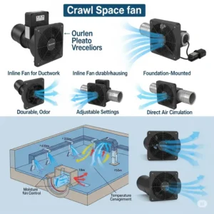 Various types of crawl space fans, such as inline and foundation-mounted models, for different needs.