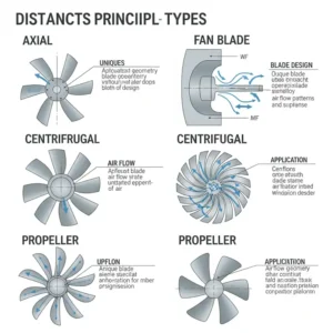 Illustration detailing various types of fan blades, including axial, centrifugal, and propeller designs.