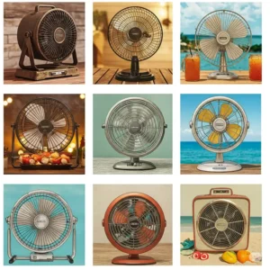Various types of cooling fans designed for outdoor use.