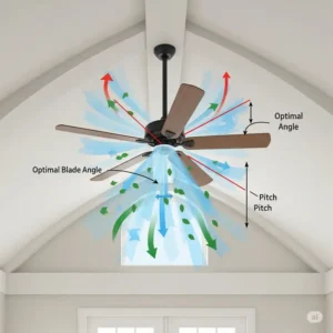 Illustration demonstrating the optimal blade angle and pitch for efficient air circulation from a vaulted ceiling fan.