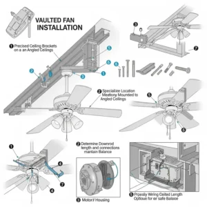 Detailed diagram illustrating the proper installation of a vaulted ceiling fan on an angled ceiling.