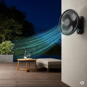 Space-saving wall-mounted cooling fan for outdoor areas.