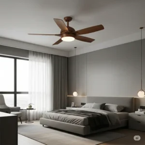 A stylish wooden ceiling fan enhancing the comfort and aesthetic of a contemporary bedroom, offering quiet air circulation for a peaceful night's sleep.