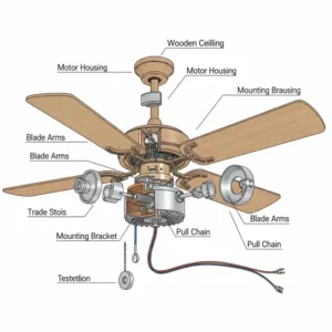 Diagram illustrating the various components of a wooden ceiling fan, including the motor, blades, and mounting hardware, for installation or repair guidance.