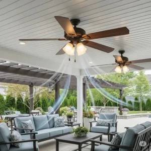 A durable wooden ceiling fan designed for outdoor use, providing a refreshing breeze on a covered patio, enhancing comfort in exterior living spaces.