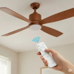 Hand holding a remote control, demonstrating the ease of adjusting settings for a modern wooden ceiling fan with smart home integration capabilities.