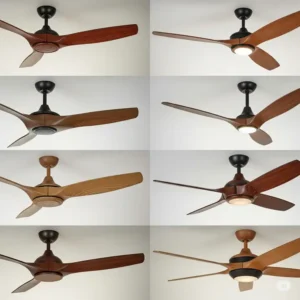 Collection of wooden ceiling fans showcasing different wood finishes, from light oak to dark walnut, allowing homeowners to choose the perfect match for their interior.