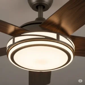 Detail shot of the energy-efficient LED light fixture on a stylish 44 inch ceiling fan