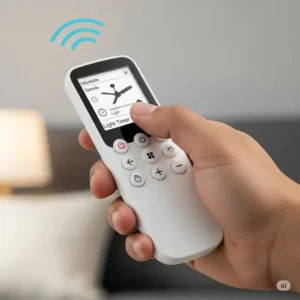Hand holding a remote control for a 44 inch ceiling fan with light, highlighting smart features and adjustable settings