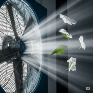 Visual representation of strong airflow from a powerful 60 inch ceiling fan, effectively cooling a large area.