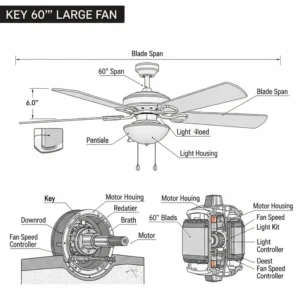 Diagram illustrating the key dimensions and components of a large 60 inch ceiling fan, highlighting blade span and motor housing.