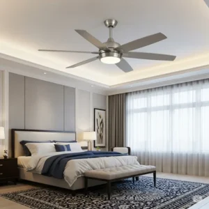 Elegant 60 inch ceiling fan installed in a master bedroom, offering powerful air circulation for comfortable sleep.