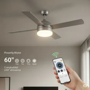 Close-up of a 60 inch ceiling fan with its wireless remote control, demonstrating smart features for easy speed and light adjustments.