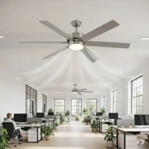A powerful 72-inch ceiling fan effectively circulating air in a large open-plan commercial office space, improving comfort.