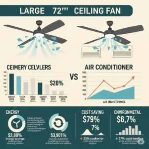 Infographic illustrating the energy savings and efficiency benefits of using a large 72-inch ceiling fan in a home or business.