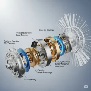 Exploded view of an energy-efficient DC motor, commonly found in a high-performance 72-inch ceiling fan, detailing its quiet operation.