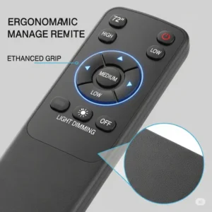 Ergonomic remote control for a 72-inch ceiling fan, highlighting features like speed adjustment and light dimming.